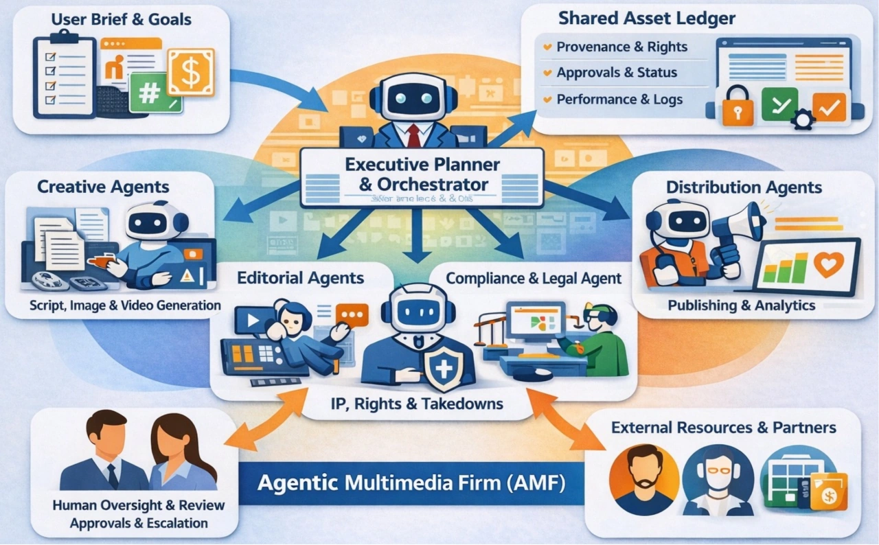 Agentic Multimedia Firm overview figure showing an executive planner and orchestrator coordinating creative, editorial, compliance, distribution, ledger, oversight, and external-resource agents