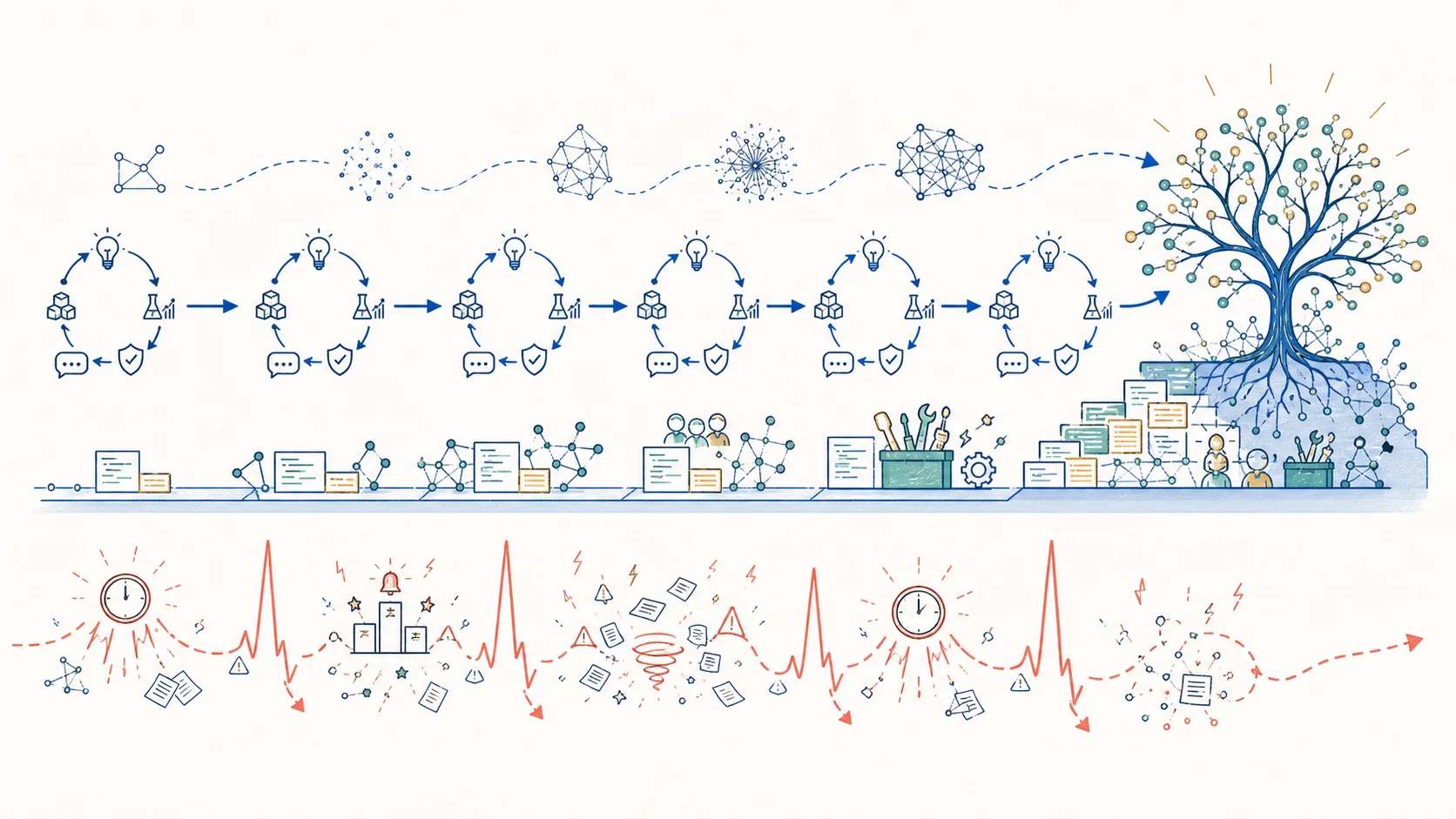 A steady blue path repeats disciplined research loops and accumulates code, evidence, tools, collaborators, and a large knowledge tree, while a coral reactive path spikes around deadlines and repeatedly loses structure.