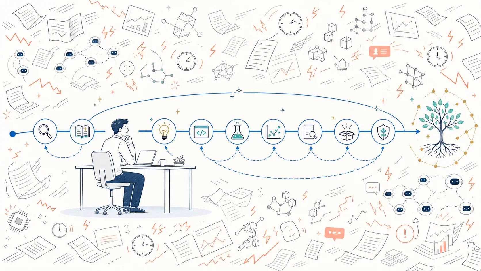 A composed researcher guides a stable sequence from question selection through code, experiments, evidence, publication, and stewardship while papers, alerts, agents, clocks, and benchmark signals rush around the path.