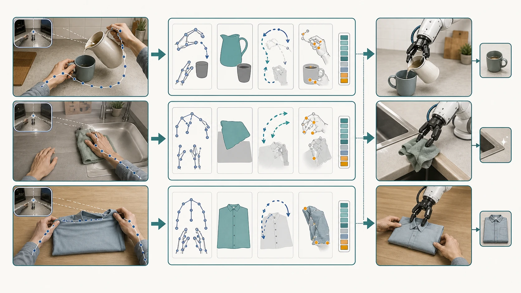 Illustration of first-person human activity data being transformed into structured robot interaction and task-state reasoning.