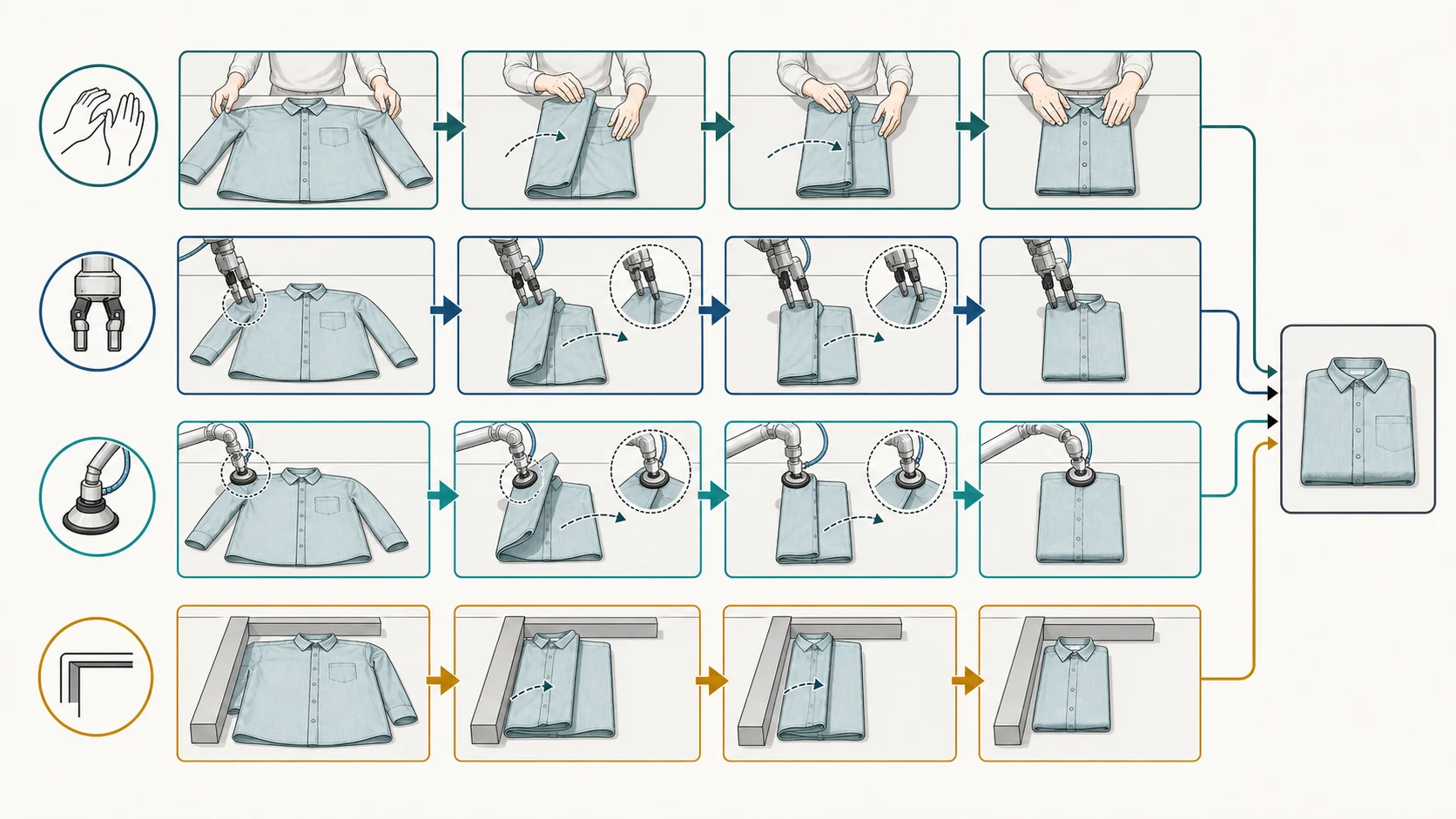 Illustration of the same folded-shirt goal reached by human hands, robot grippers, suction, and a fixture-guided strategy.