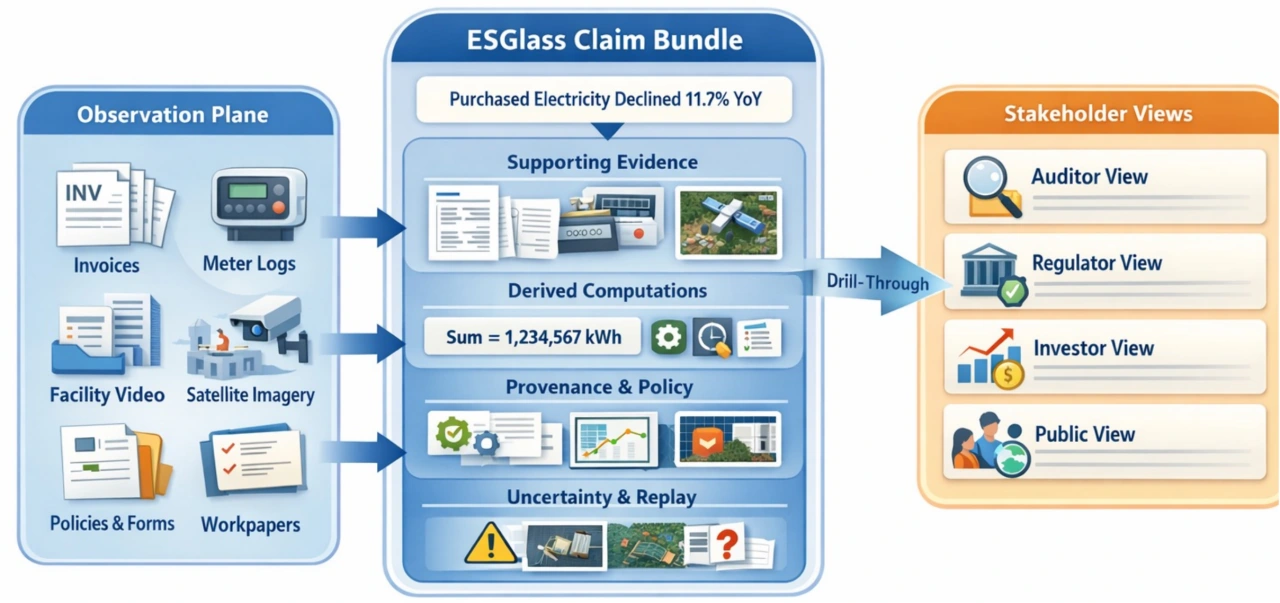 ESGlass overview figure showing observation inputs, evidence support, derived computations, provenance and policy, uncertainty, replay, and stakeholder views
