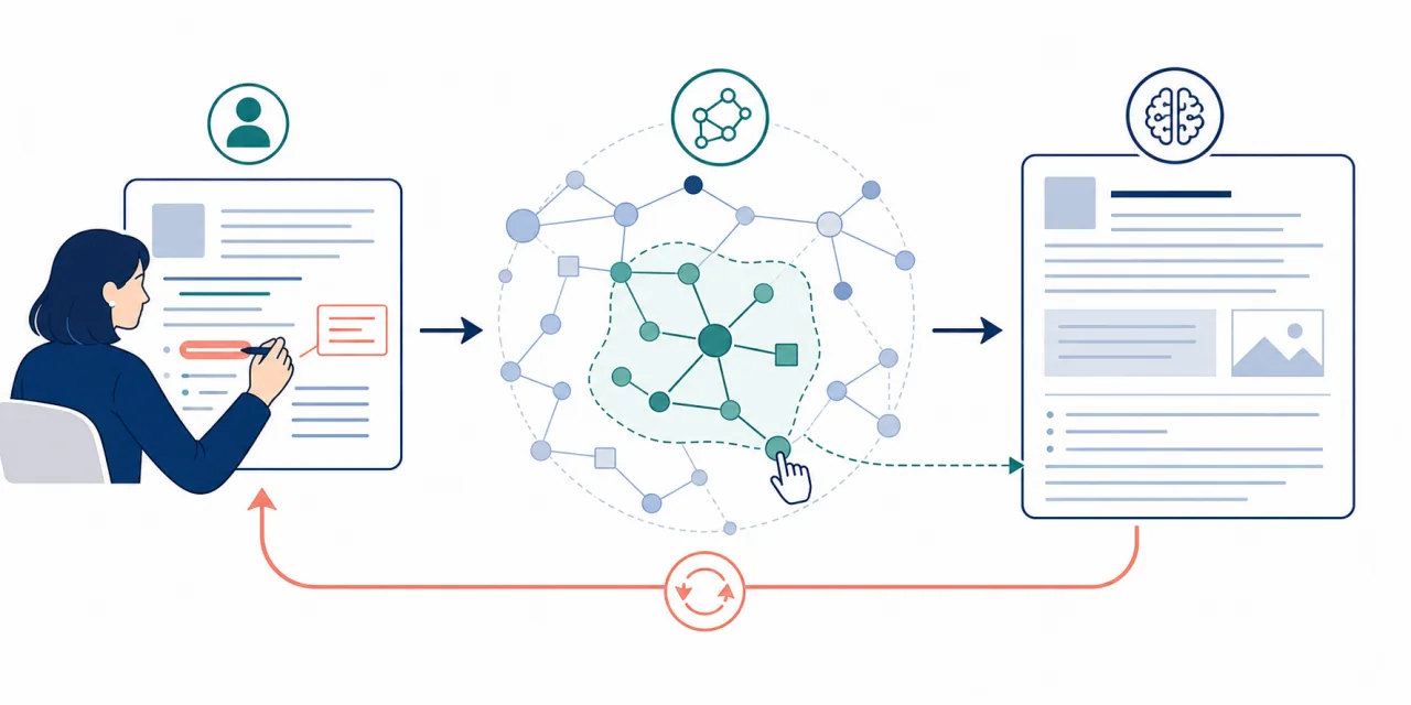 Conceptual overview of a domain expert editing a knowledge graph and dynamic subgraph to guide an LLM in producing a professional document, with an iterative review loop