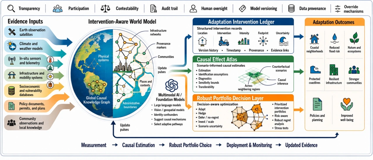 PCA-OS overview figure showing evidence inputs, world model, adaptation intervention ledger, causal effect atlas, decision layer, and outcomes