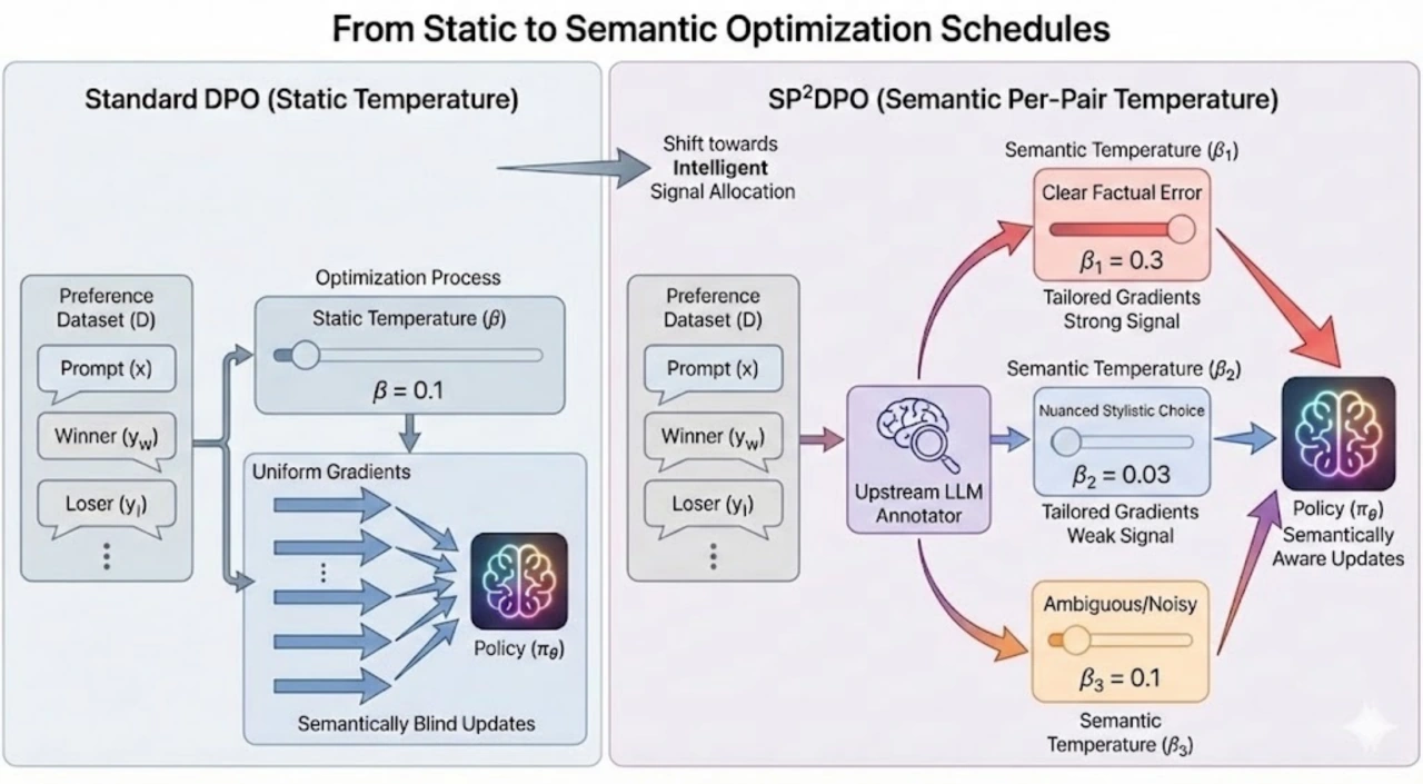 SP2DPO overview figure comparing static DPO temperature with semantic per-pair temperature schedules guided by an upstream LLM annotator