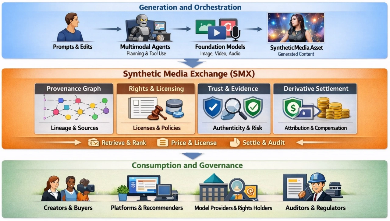 Synthetic Media Exchange overview figure showing generation and orchestration, provenance graph, rights and licensing, trust and evidence, derivative settlement, and consumption governance